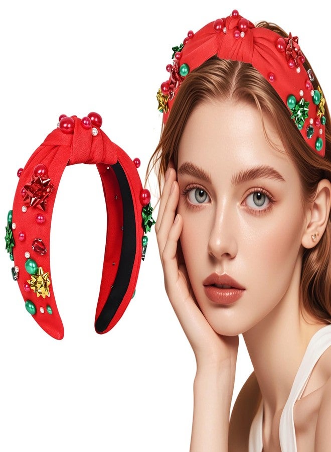 MSCYAE Christmas Headband for Women - Non Slip Crystal Pearl Hairband Xmas Wide Knot Headband, Fashion Accessories for Women, Girls Christmas Outfit - Image 1